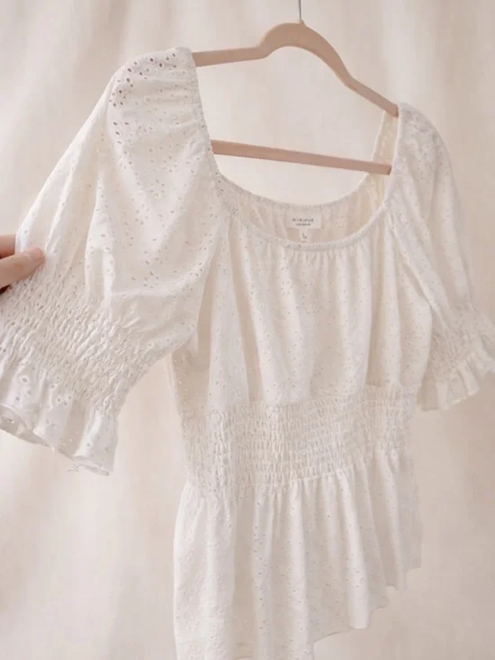 KIRIOUS Los Angeles Eyelet Smocked Peplum Blouse | Size L - Picture 2 of 6